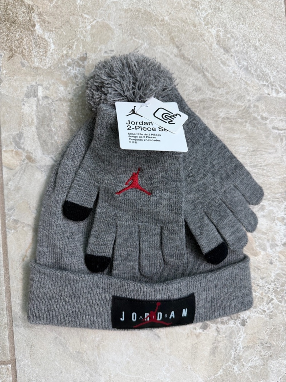 Jordan Kids' Gray Pom Beanie & Glove Set